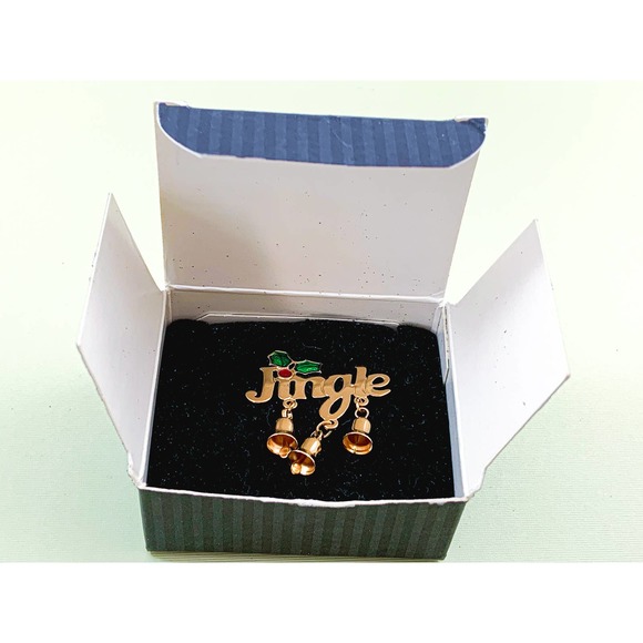 Avon Jingle Bells Tac Pin - Shiny Gold Tone with 2 Dangling Bell, Enamel Holly - Picture 6 of 7